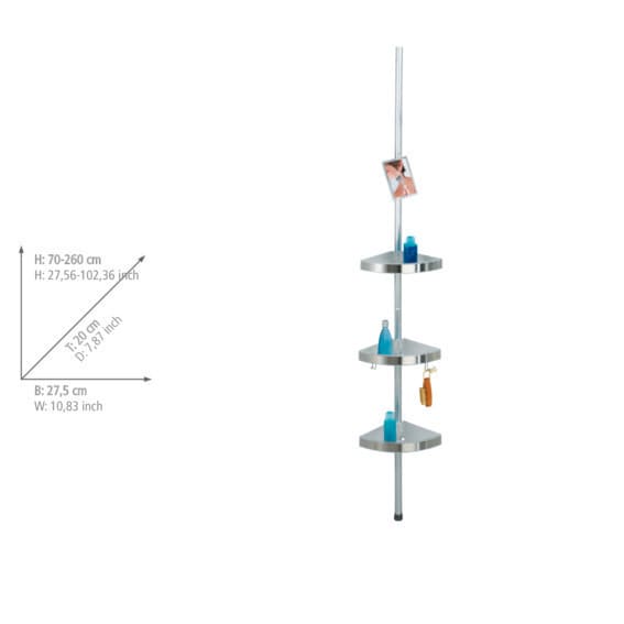 Etagère salle de bain télescopique, Premium, Etagère douche alu, 27.5 x 70-260 x 20 cm  3 tablettes, 2 crochets, miroir