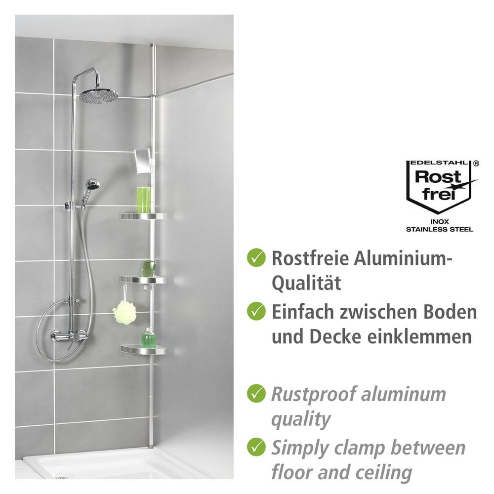 Etagère salle de bain télescopique, Premium, Etagère douche alu, 27.5 x 70-260 x 20 cm  3 tablettes, 2 crochets, miroir
