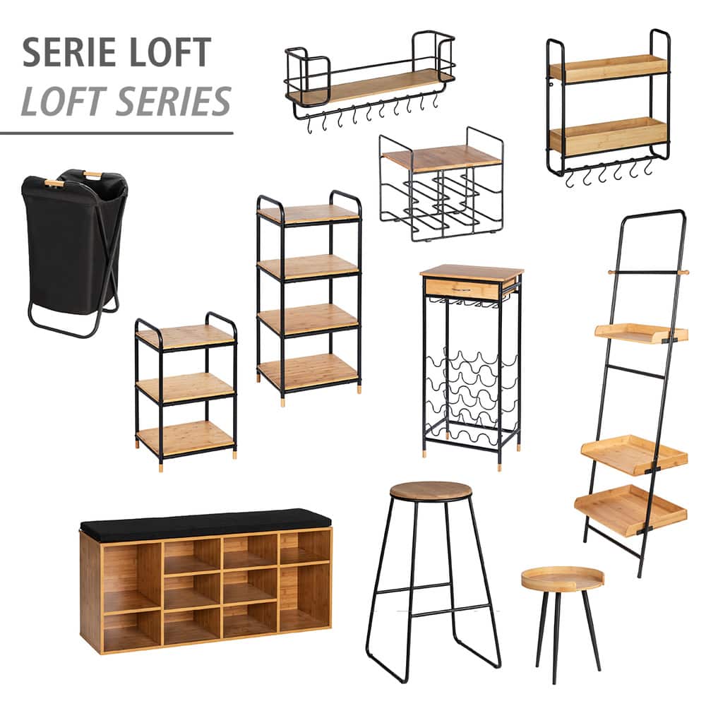 Etagere rangement cuisine Loft, étagère bois et métal noir 3 niveaux, 42x69x33,5 cm  étagère bambou, 3 niveaux